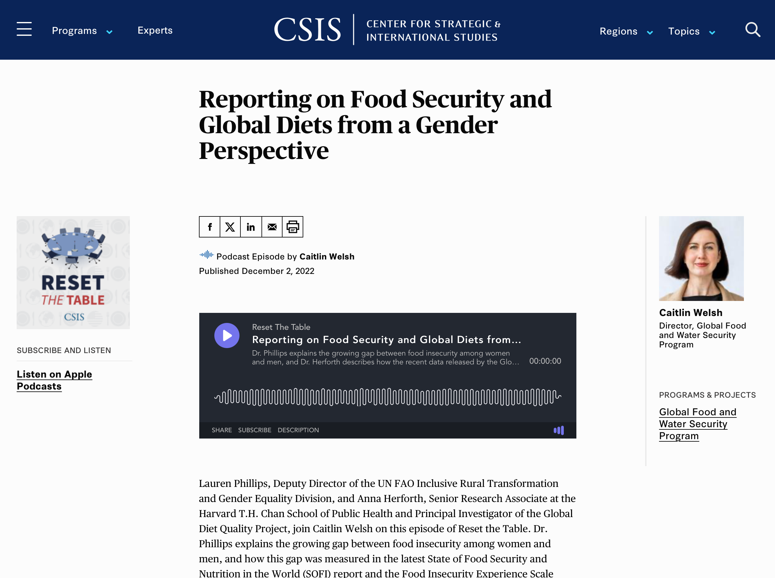 Reporting on Food Security and Global Diets from a Gender Perspective